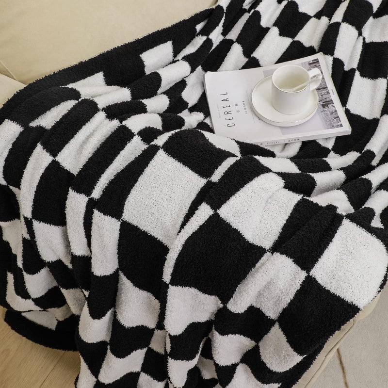 bearberry Fuzzy Checkerboard Grid Throw Blanket Soft Cozy Warm Microfiber All Season Blanket Decor for Couch Sofa Bed Travel Home (Black  50''x60'') - Image 3